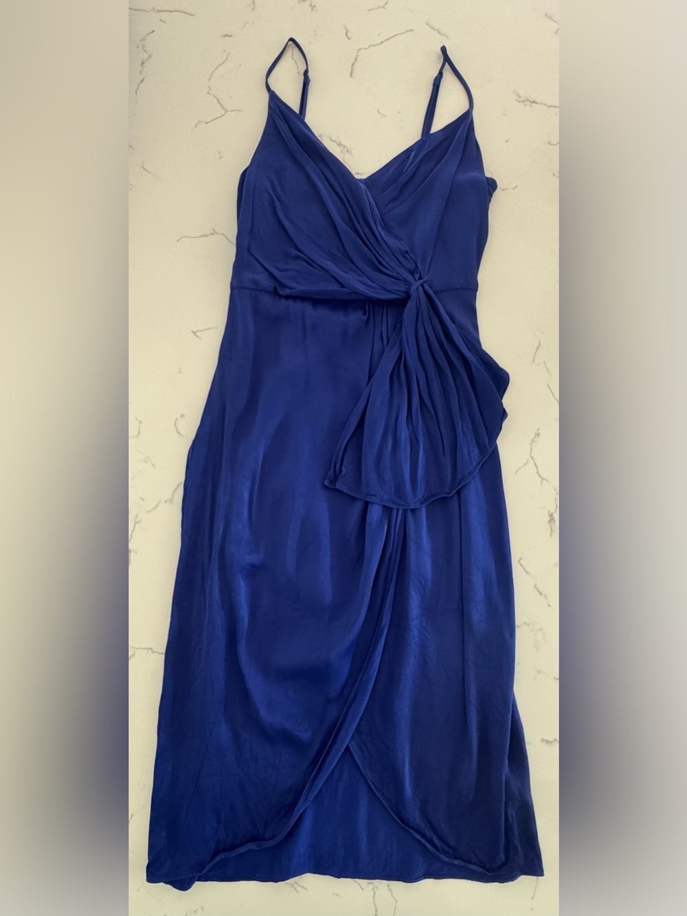 By Anthropologie Blue Satin Draped Wrap Midi Cocktail Dress 0P Petite Wedding - Picture 8 of 12